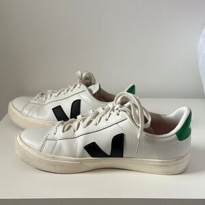 Veja Women's White and Black Sneakers with Green Accents